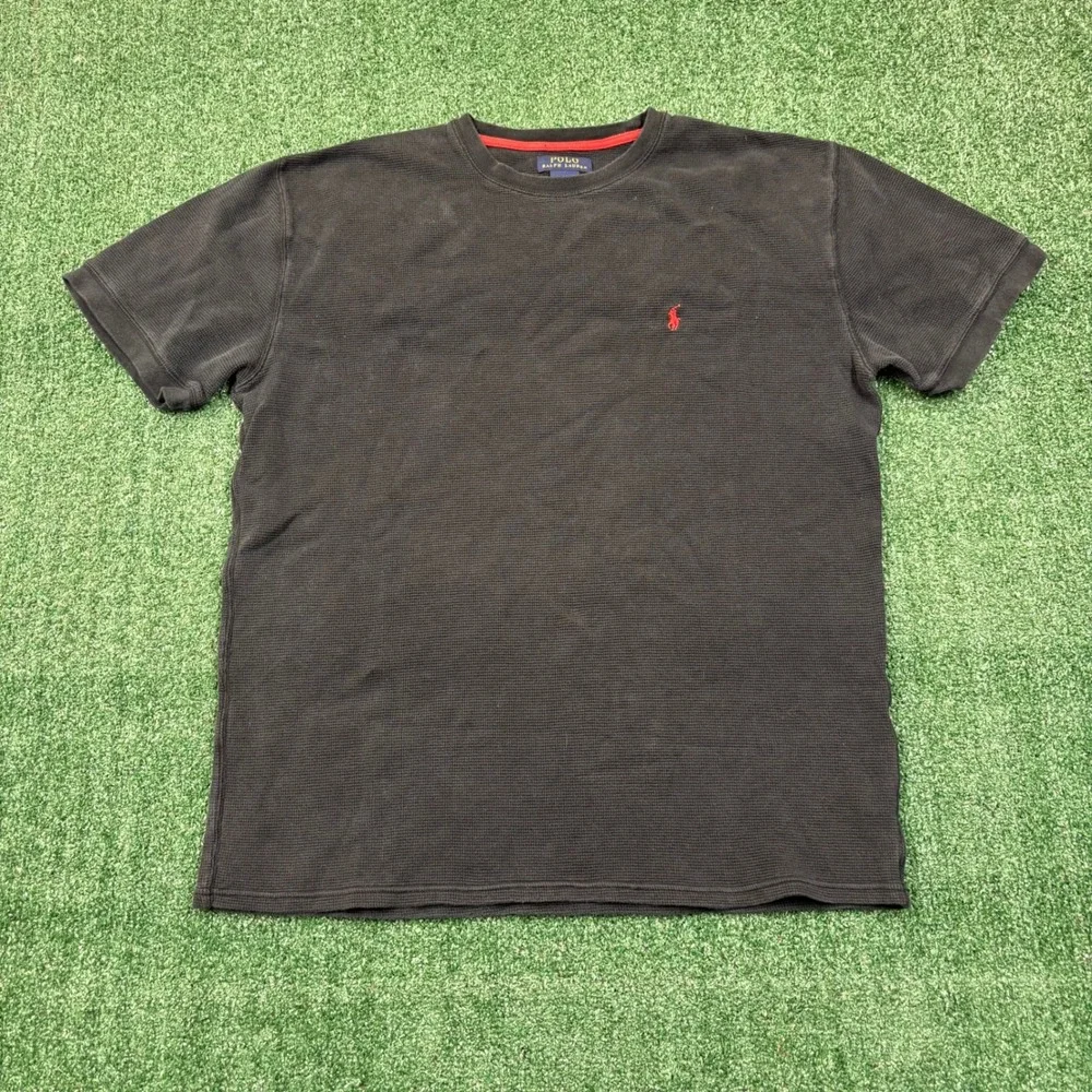 Vintage 2000's Polo Ralph Lauren T-shirt Waffle Knit Thermal Black Red Pony 2XL